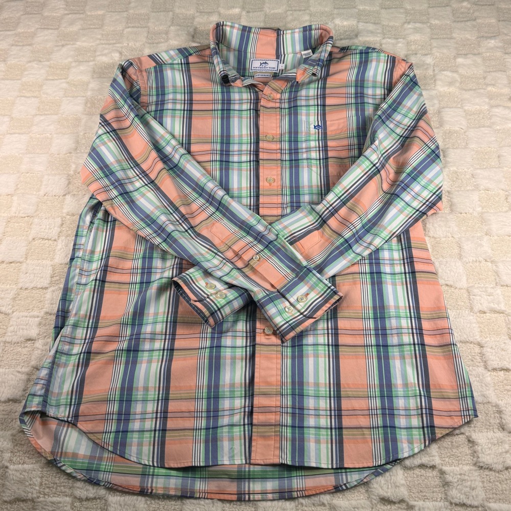 Southern Tide Performance Mens Large Plaid Button Down Shirt Peach Green Blue L